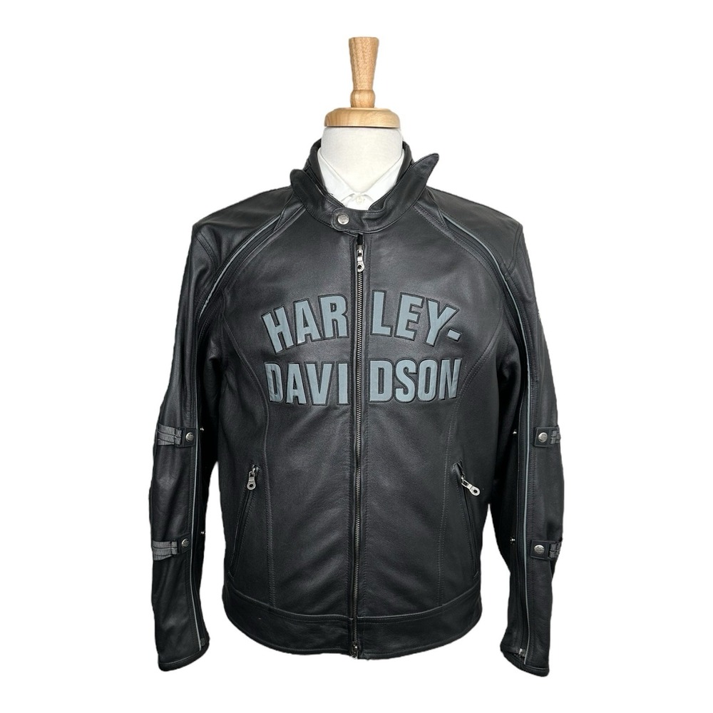 Harley Davidson Black Reflective Heavy Leather Full Zip Spellout Moto Jacket M